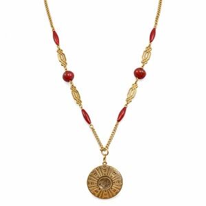 Vintage Sarah Coventry Gold Tone Red Bead Necklace w/ Removable Pendant 16”